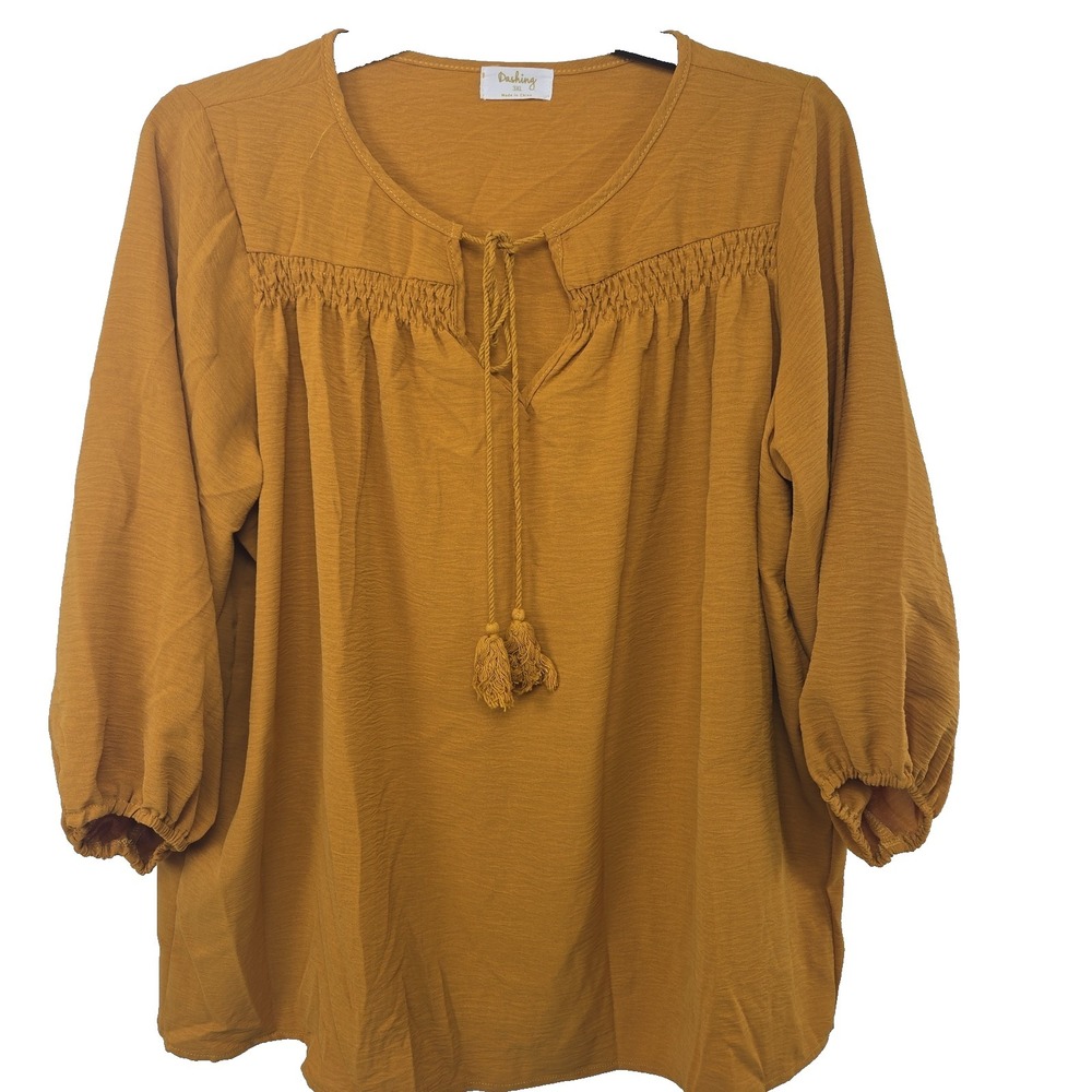 Dashing Mustard Yellow 3/4 Sleeve Smocked Tie Front Blouse Women's Plus Size 3XL